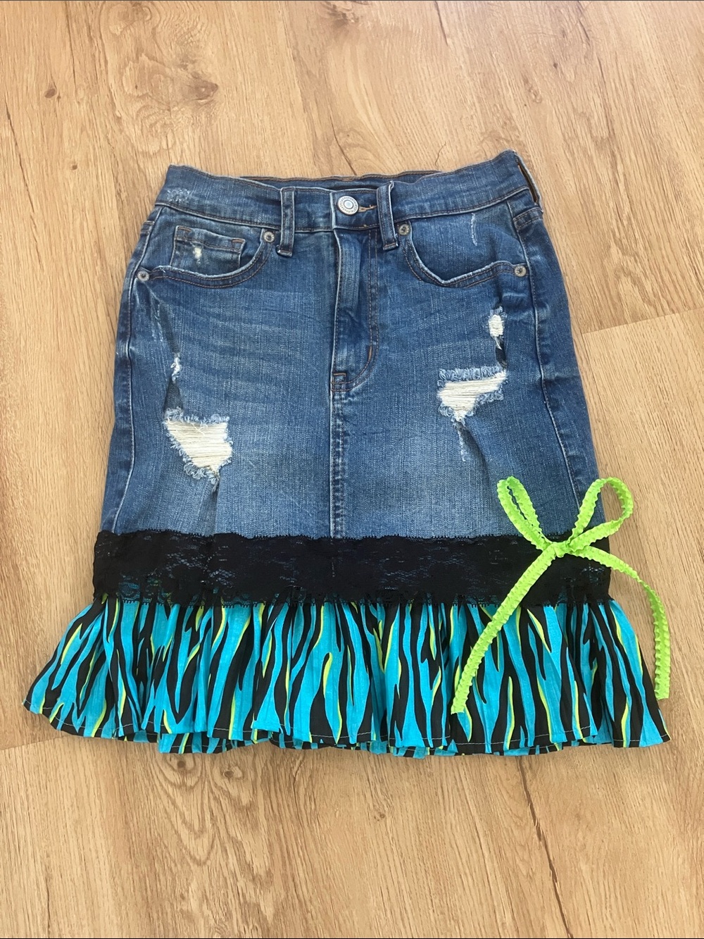 Y2k Coquette Denim Mini Skirt with Teal Zebra Ruffle and Black Lace Trim